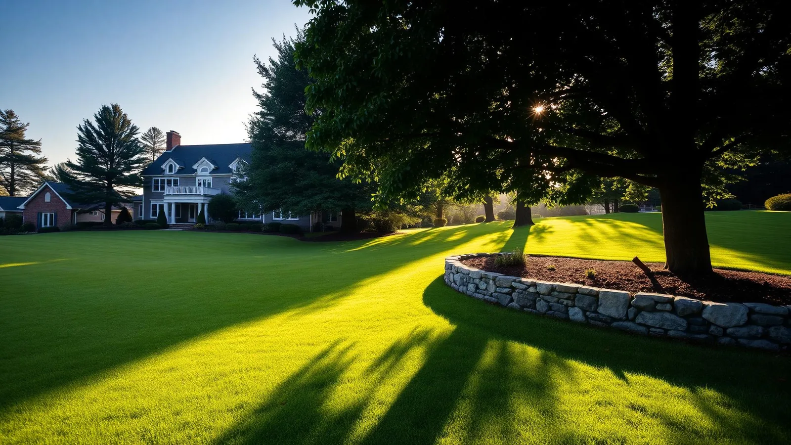 Stone-edged tree ring and sunlit lawn in front of a colonial home at golden hour