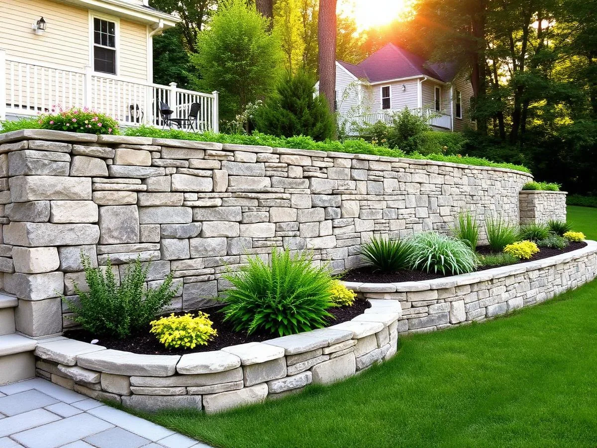 Curved stone retaining wall with layered garden beds