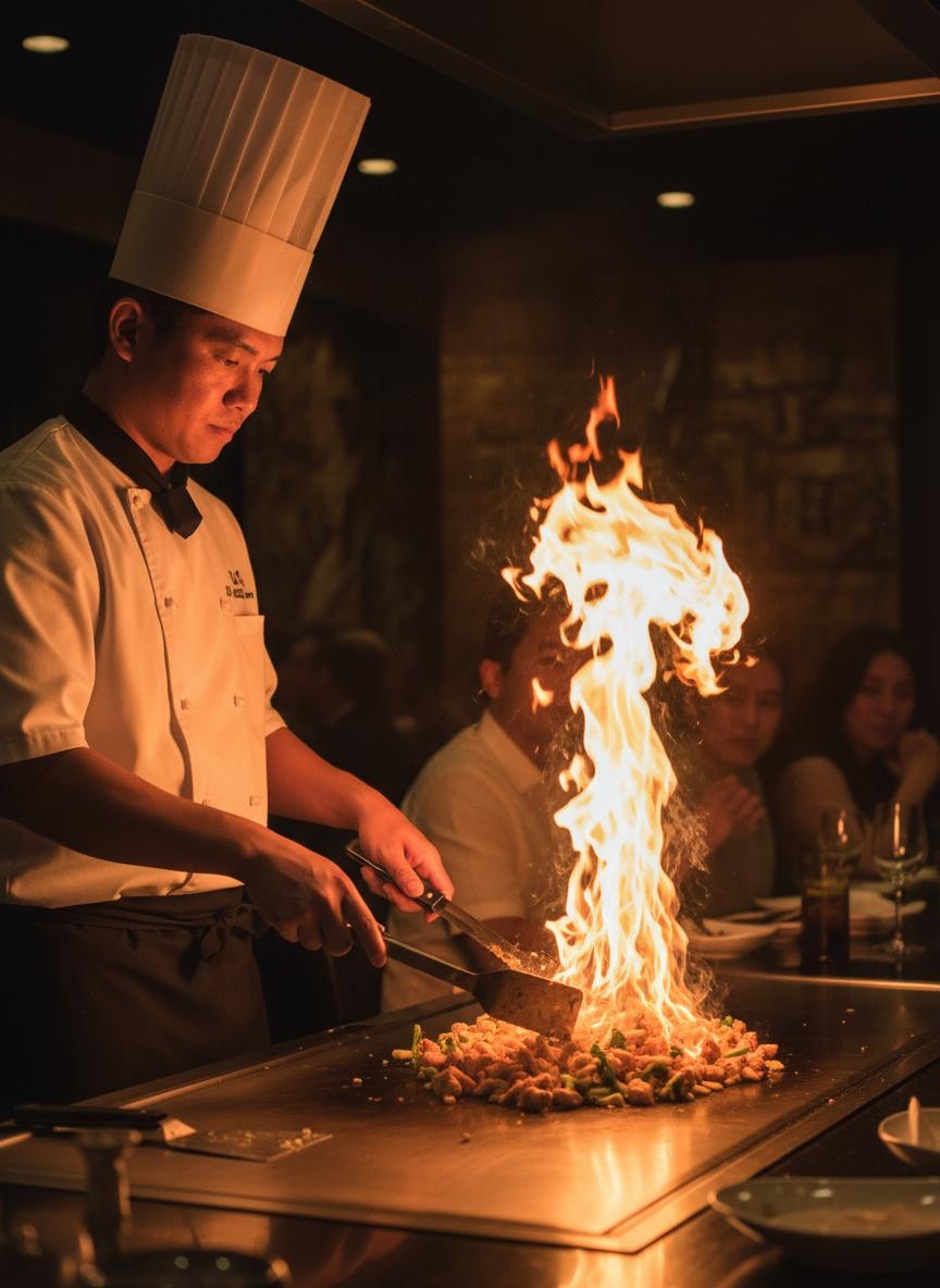 Hibachi chef cooking on teppanyaki grill with flames