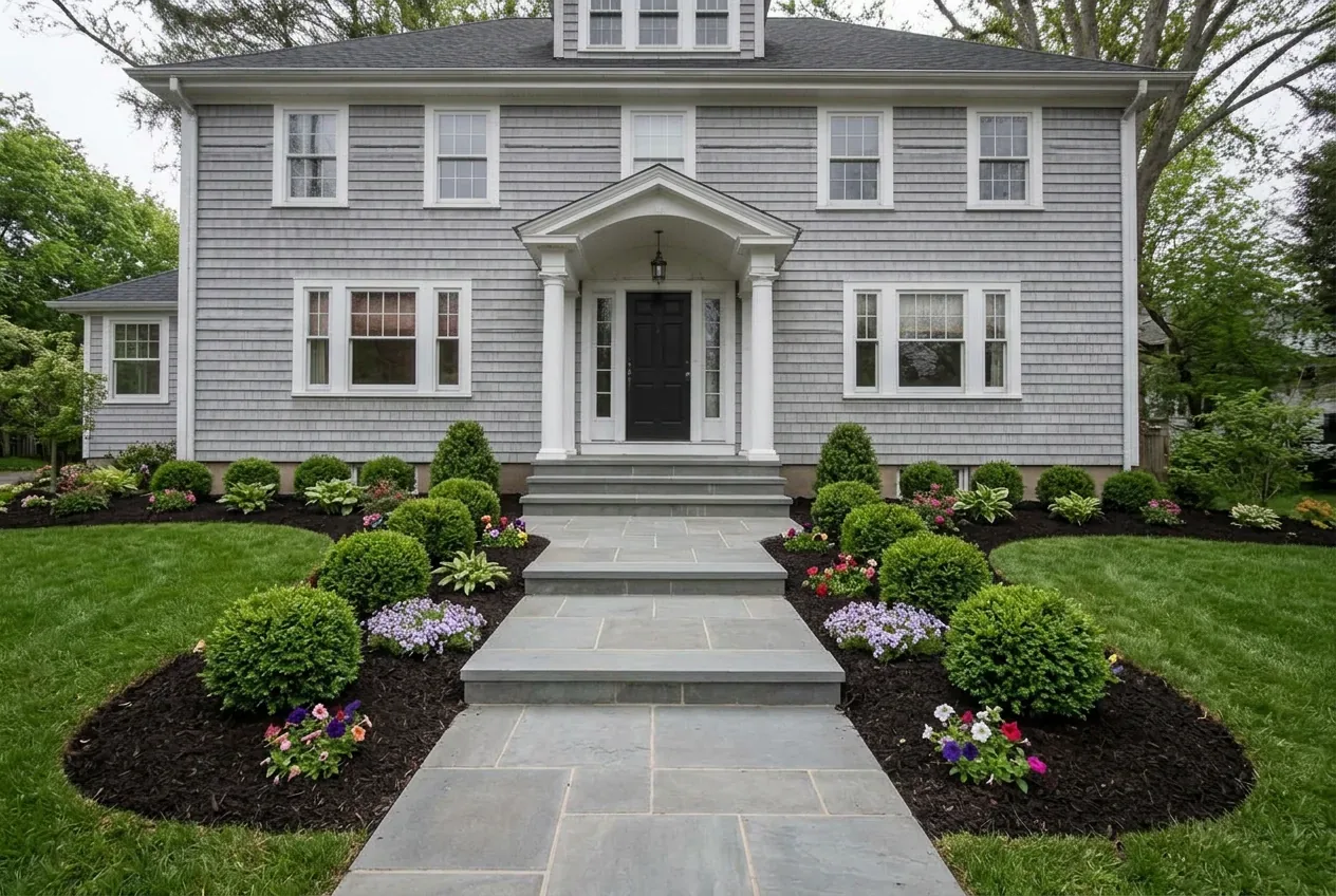 After: The same front entry with a new bluestone walkway, stone steps, trimmed boxwood and mulched beds