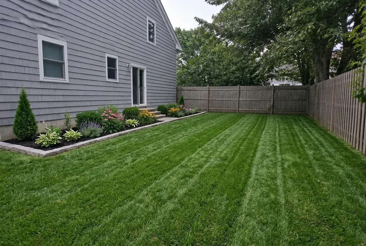 After: Same backyard with a striped lawn, crisp mulch beds and trimmed shrubs after landscaping