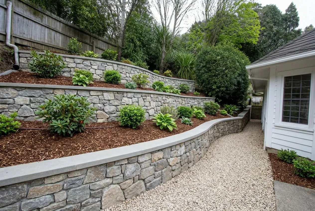 After: The same slope rebuilt with tiered fieldstone retaining walls, planted beds and a gravel path