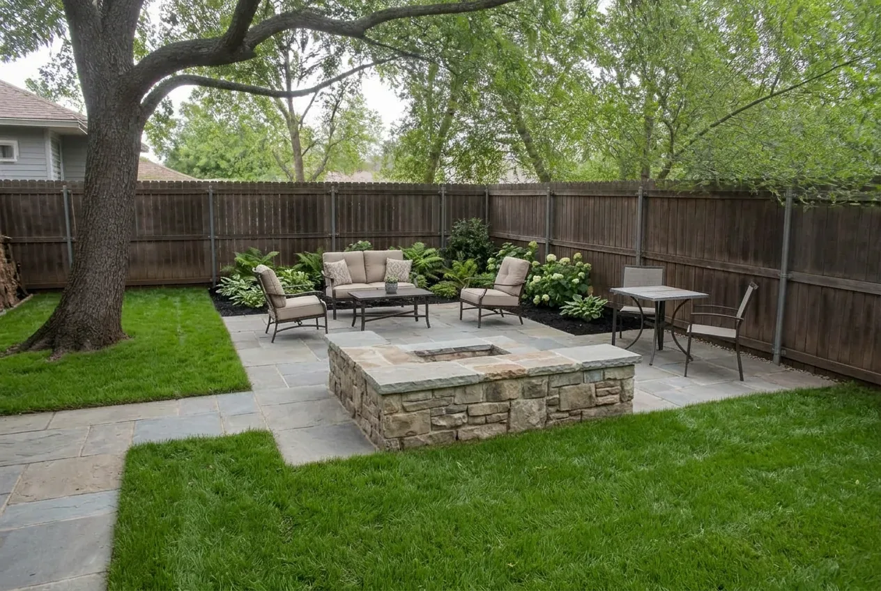After: The same corner with a bluestone patio, stone fire pit, new lawn and planted beds after construction