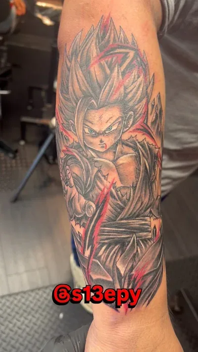 Forearm tattoo of Gohan from Dragon Ball Z